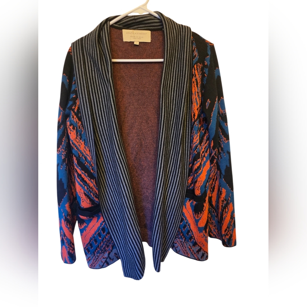 Cynthia Vincent OpenFront  DrapedWool Blend Cardigan Contrasting Bold Prints SP